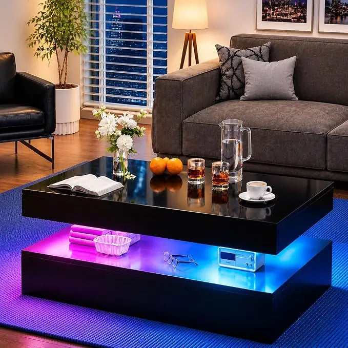 Lumora black coffee table with purple and blue LED lighting